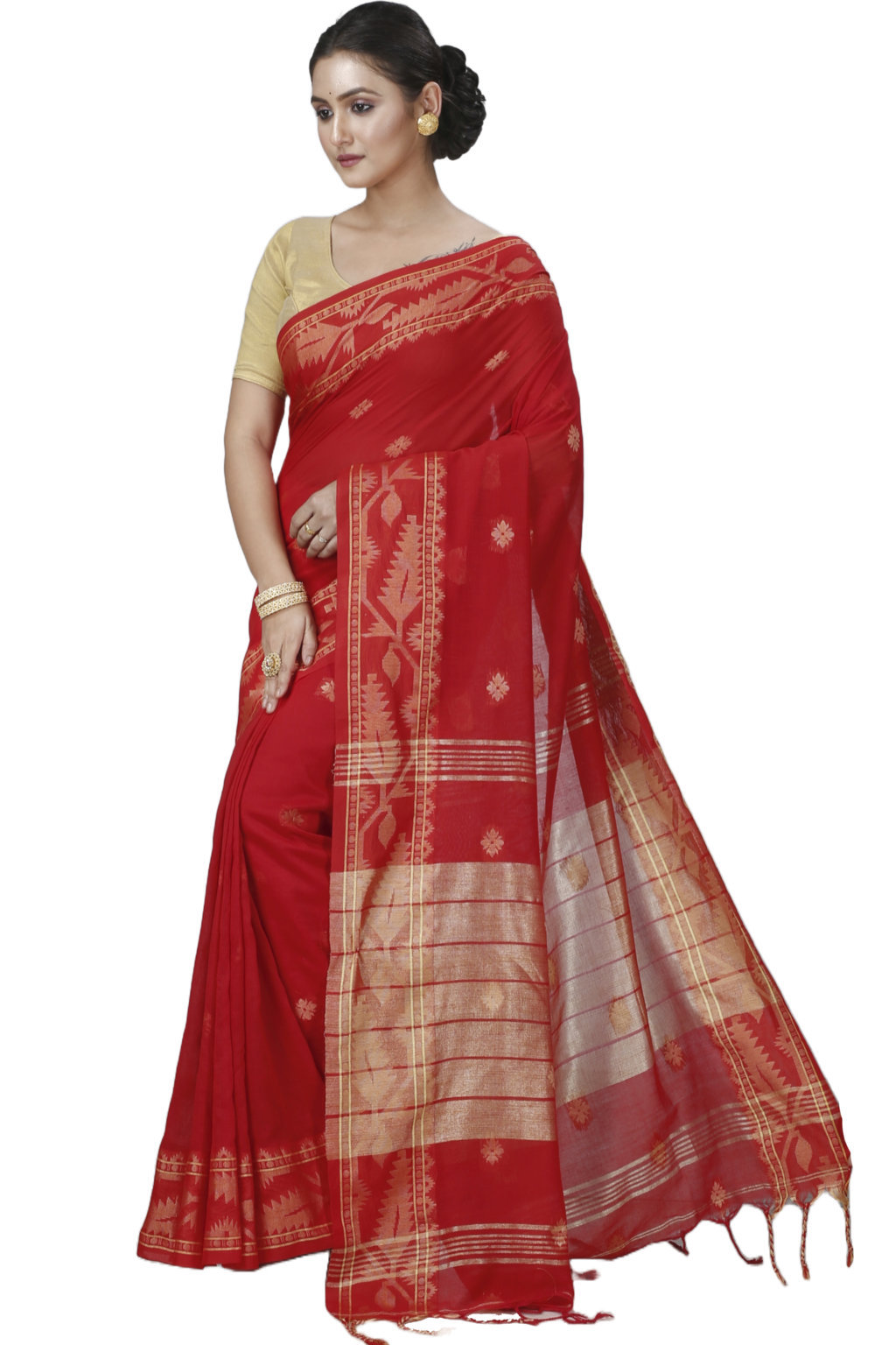 Red Pure Cotton Tuma Hand Loom Saree (1195)